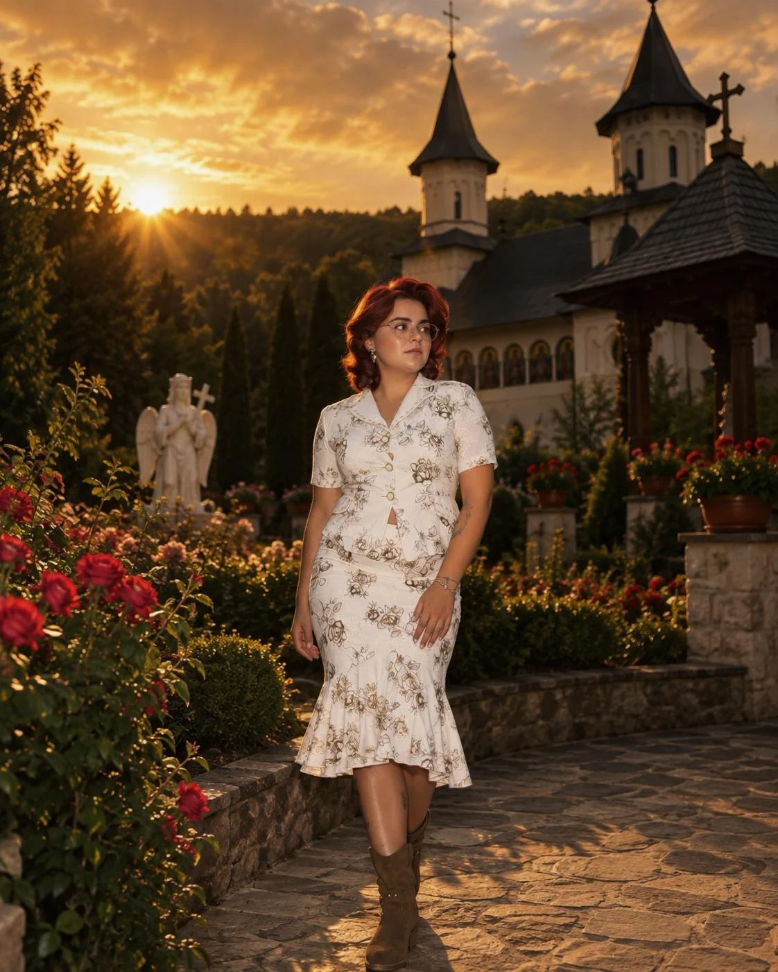 Andreea in a floral outfit at sunset
